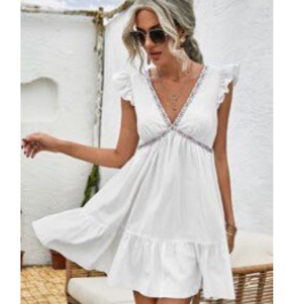 SHEIN Geo Trim & Ruffle Detail Smock Dress - M